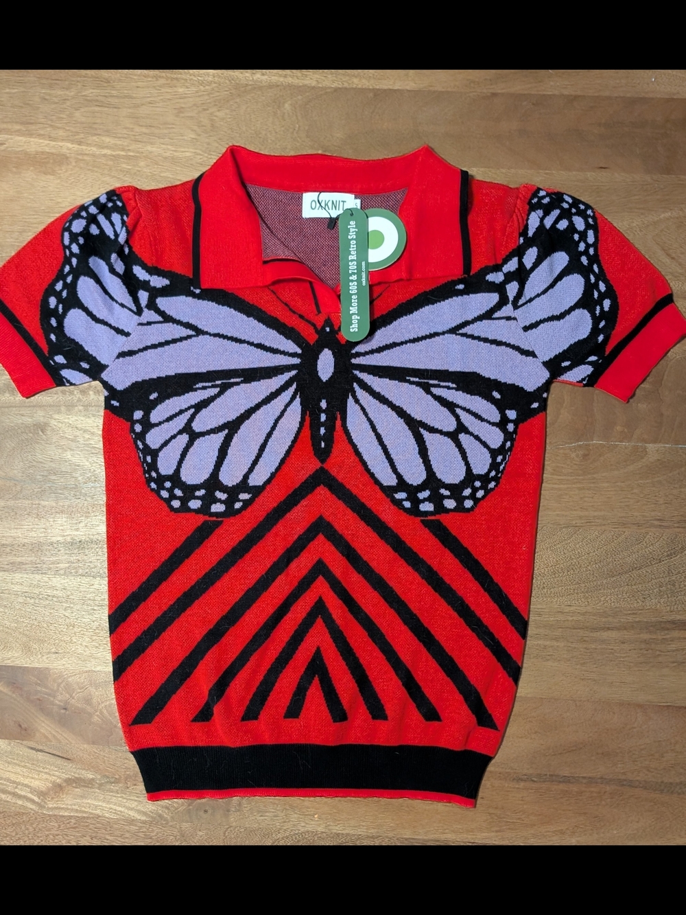 OXKNIT Red V-Neck Sweater with Lavender Butterfly Marked S, But Fits Like M